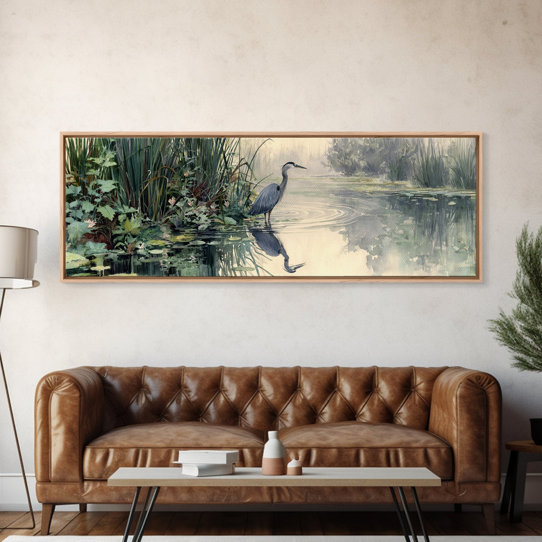Serene Watercolor Painting Of Heron Standing In Misty Wetlands Surrounded By Lush Vegetation Wall Art