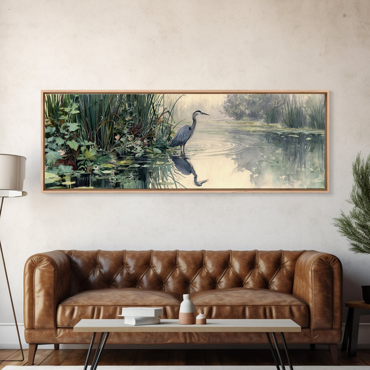 Serene Watercolor Painting Of Heron Standing In Misty Wetlands Surrounded By Lush Vegetation Wall Art
