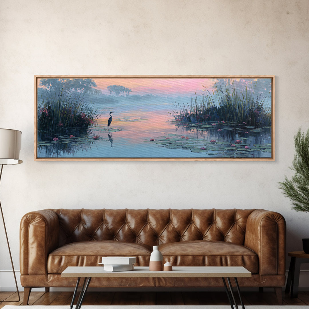 Tranquil Wetland Scene With Heron Standing Among Lilies At Sunrise Wall Art Canvas Print For Bedroom Decor