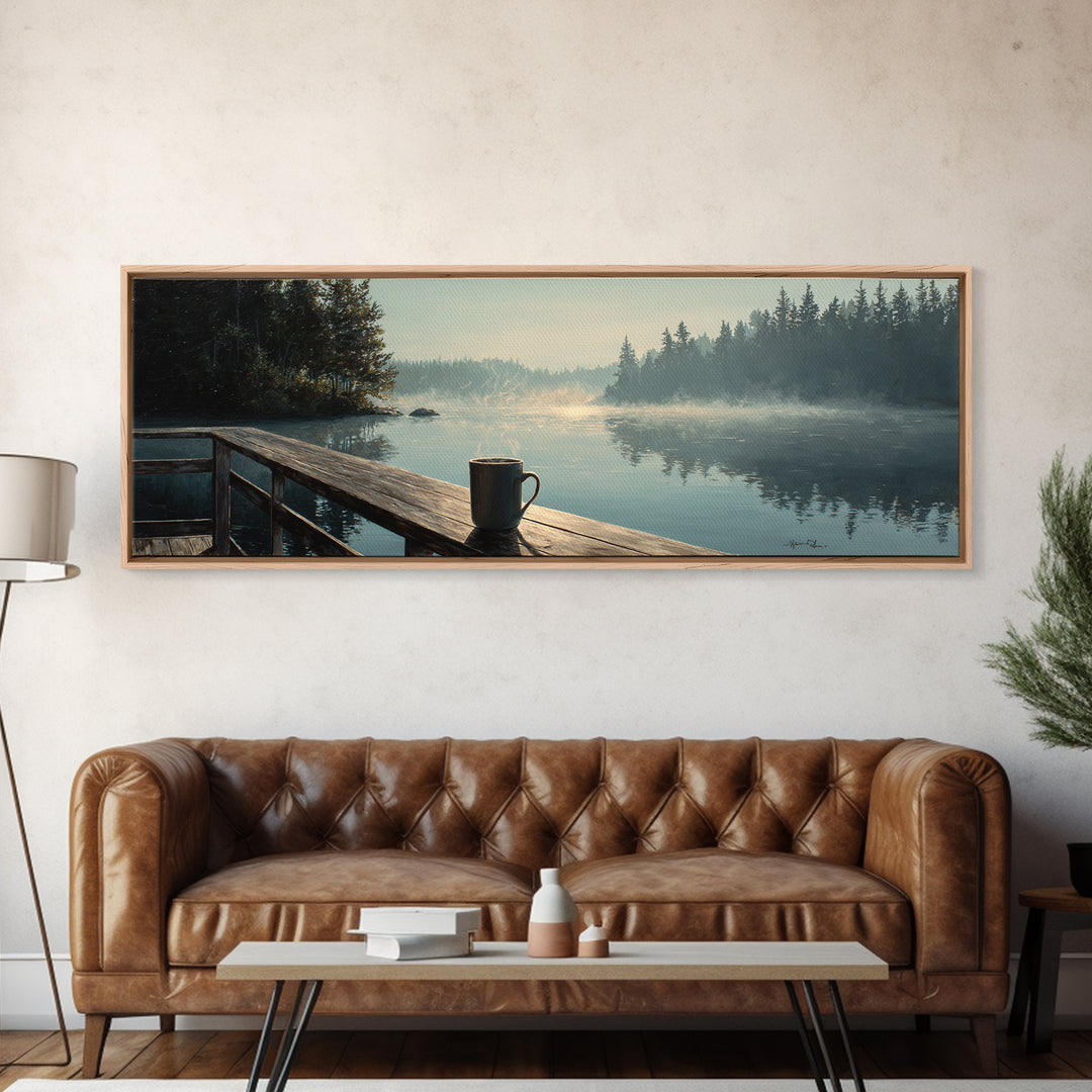 Calm Morning Lake View With Pier And Rising Mist Landscape Painting Wall Art Canvas Print Large Decor For Rustic Home And Cabin