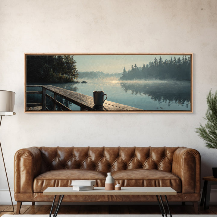 Calm Morning Lake View With Pier And Rising Mist Landscape Painting Wall Art Canvas Print Large Decor For Rustic Home And Cabin