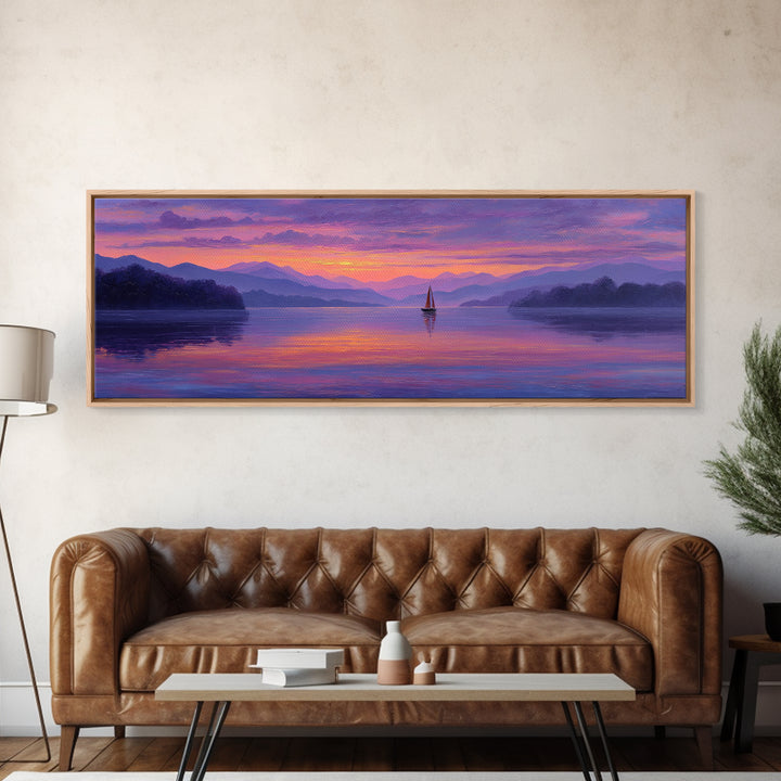 Serene Sunset Lake Landscape With Sailboat And Purple Mountains Painting Wall Art Framed Canvas Print For Tranquil Living Room Decor And Nature Lovers