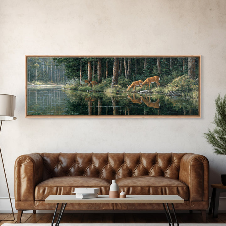 Peaceful Forest Scene With Deer Drinking By The Stream Reflective Nature Wall Art For Living Room Decor Framed Canvas Print