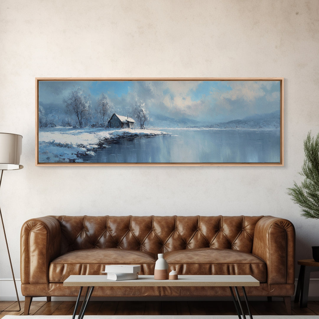 Peaceful Winter Lake Landscape With Snow Covered Cabin Painting Canvas Print Large Wall Art For Cozy Home Decor