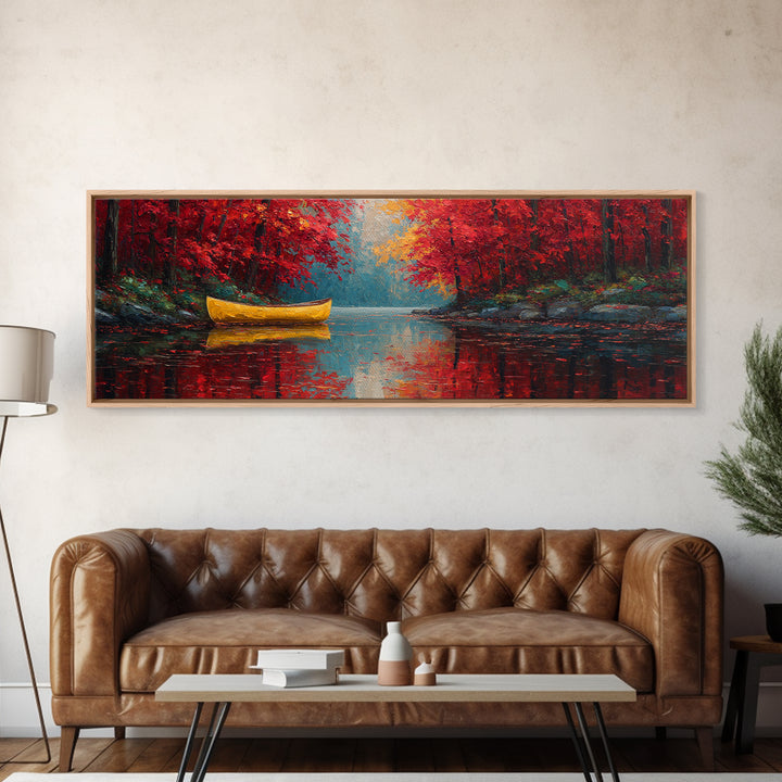 Vibrant Yellow Canoe On Calm Lake With Autumn Red Trees Framed Canvas Print Rustic Fall Wall Art