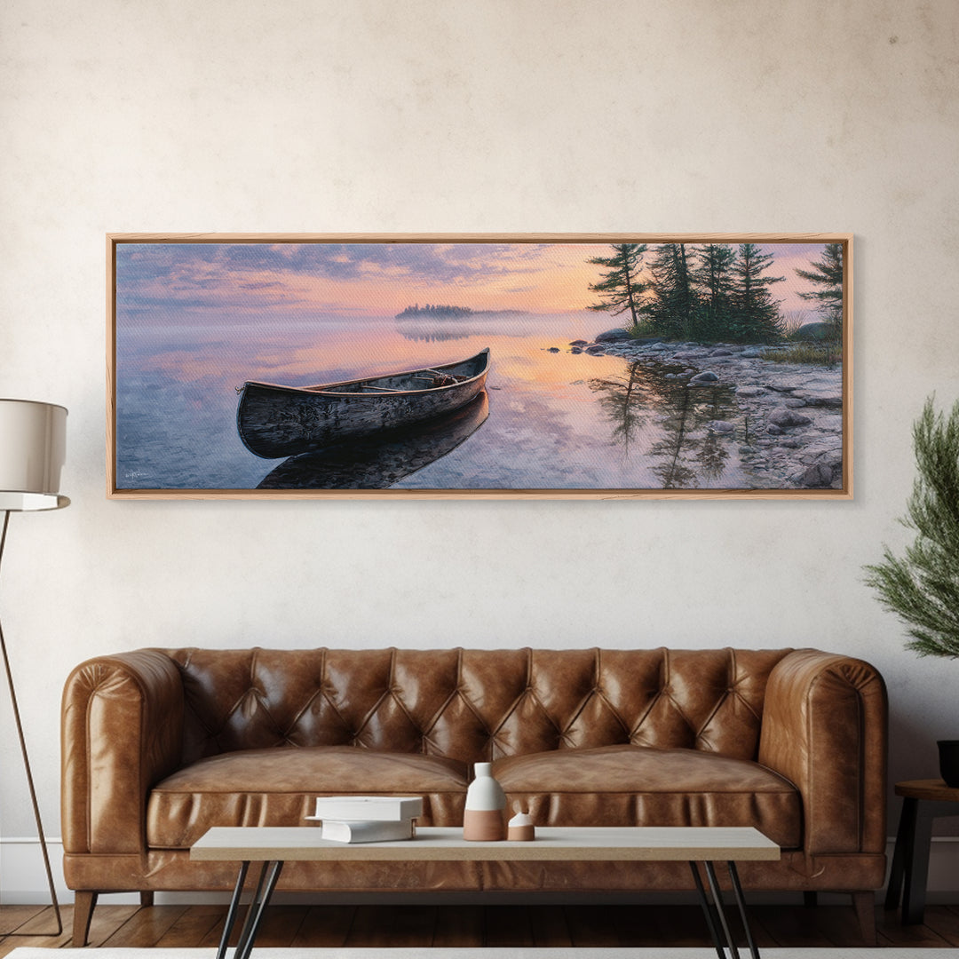 Peaceful Canoe At Sunrise On Misty Lake Landscape Wall Art Framed Canvas Print For Bedroom Or Living Room Decor
