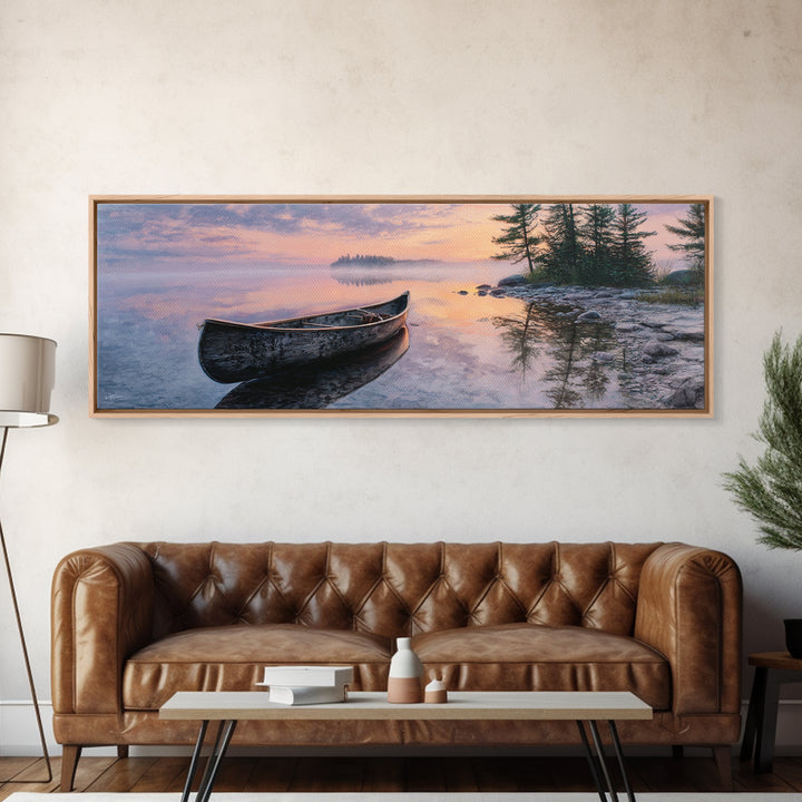 Peaceful Canoe At Sunrise On Misty Lake Landscape Wall Art Framed Canvas Print For Bedroom Or Living Room Decor