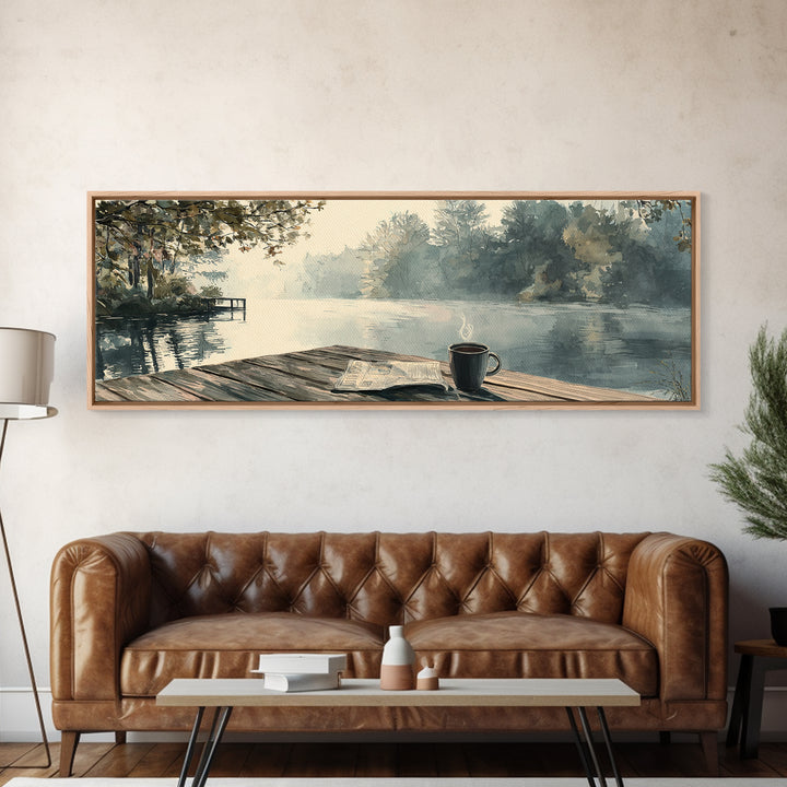 Misty Lakeside Dock Coffee Morning Wall Art, Horizontal Landscape Canvas, Cozy Cabin Decor, Lake House Living Room Print