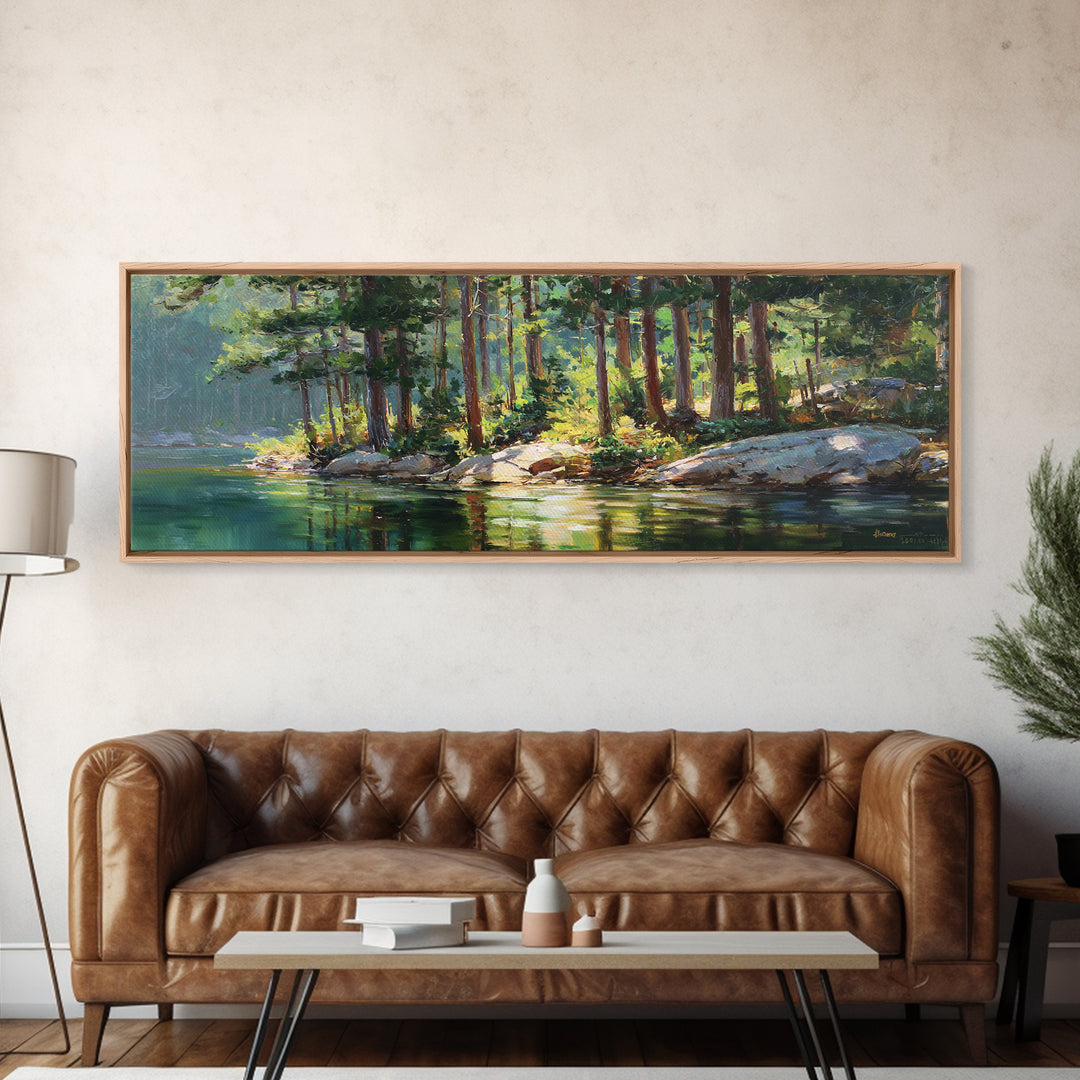 Sunlit Pine Lake Shore Wall Art, Forest Landscape Canvas Print, Nature Wall Decor, Cabin Decor, Large Horizontal Art, Living Room Decor