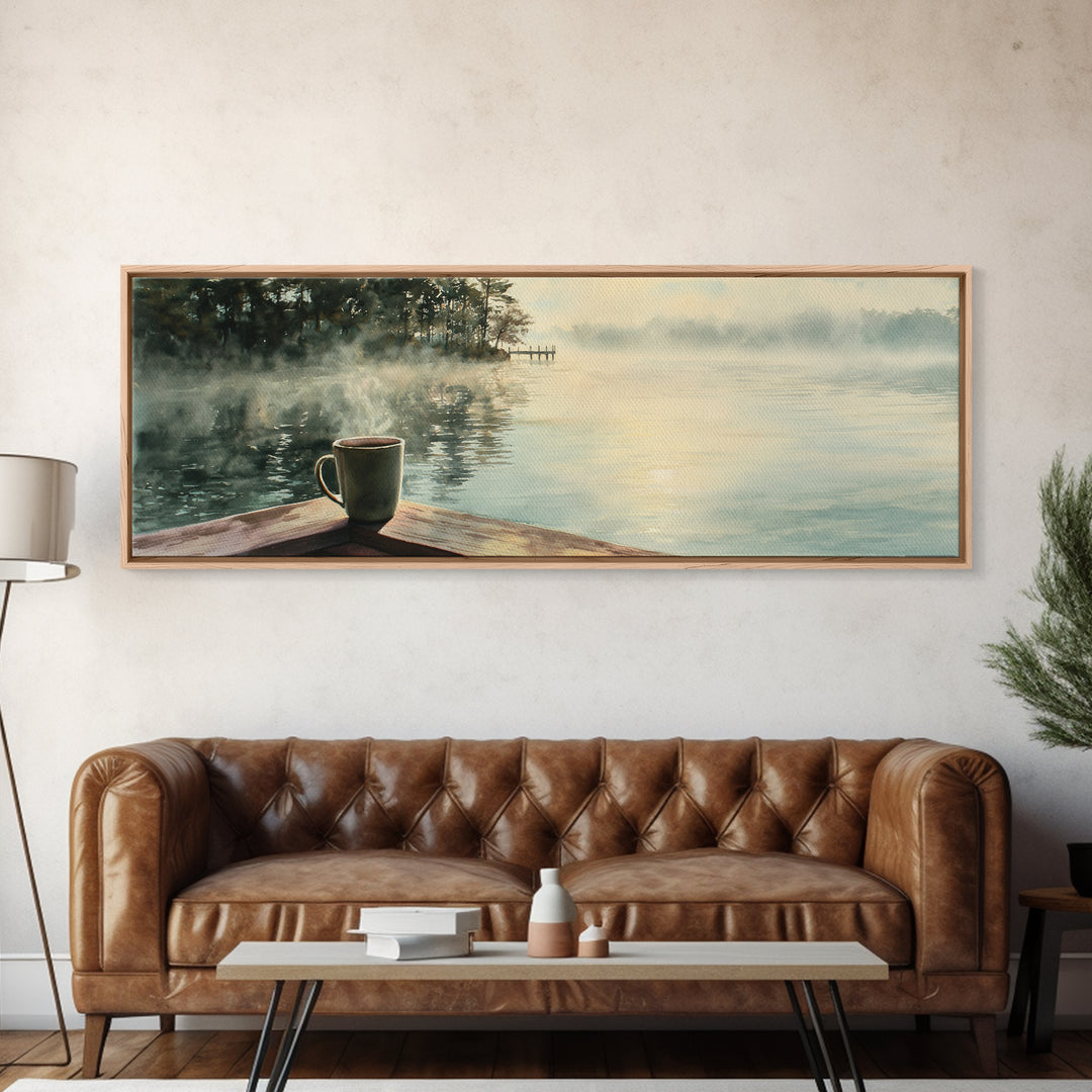 Misty Lake Coffee On Dock Wall Art, Peaceful Morning Landscape Canvas Print, Cozy Kitchen Decor, Calm Nature Wall Decor Art