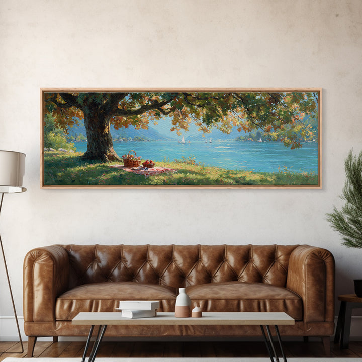 Lakeside Picnic Under Autumn Oak Canvas Print, Coastal Landscape Wall Art, Serene Nature Decor, Living Room Art, Housewarming Gift