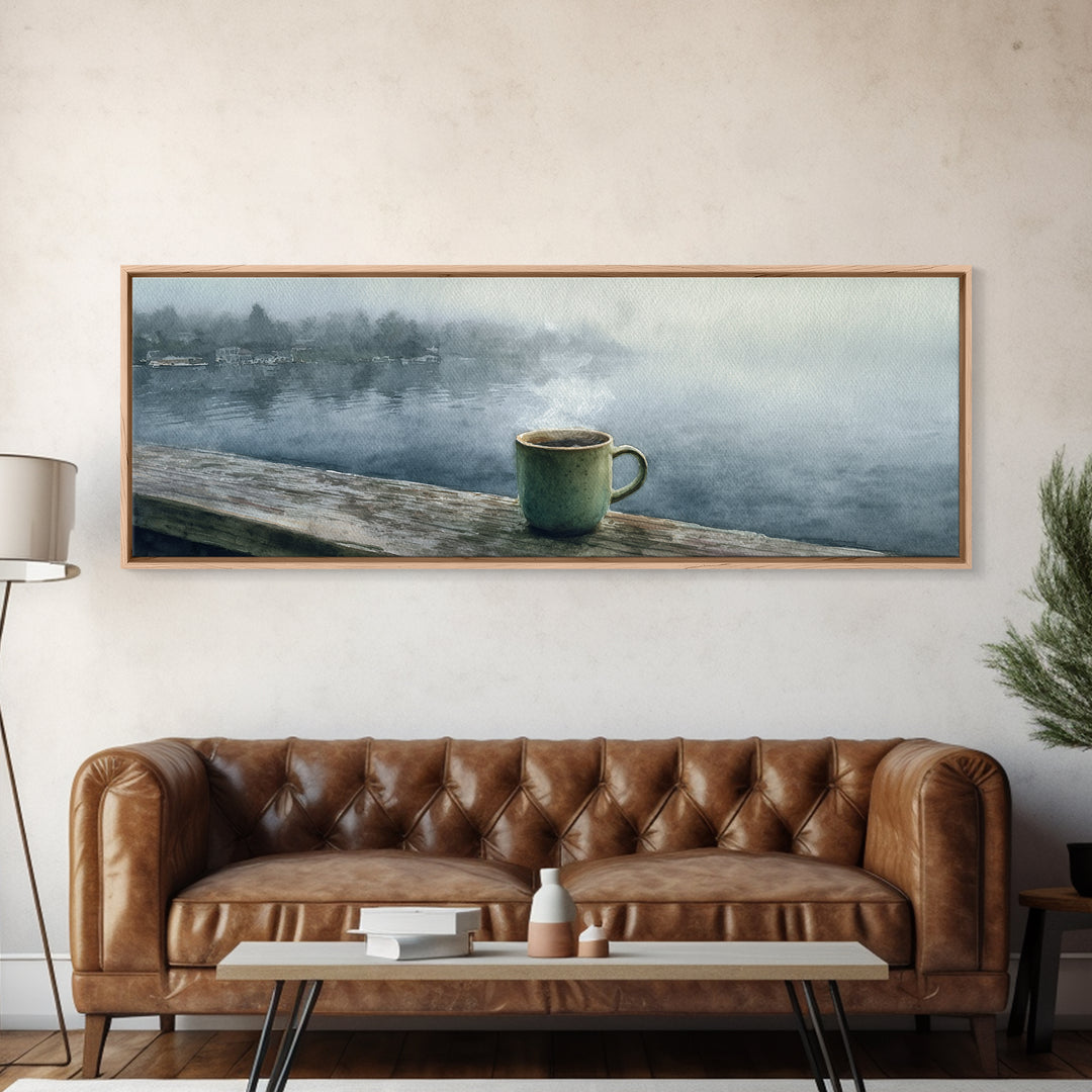 Steaming Coffee Mug On Misty Lake Wall Art, Cozy Cabin Decor, Coffee Bar Print, Rustic Kitchen Art, Serene Morning Landscape