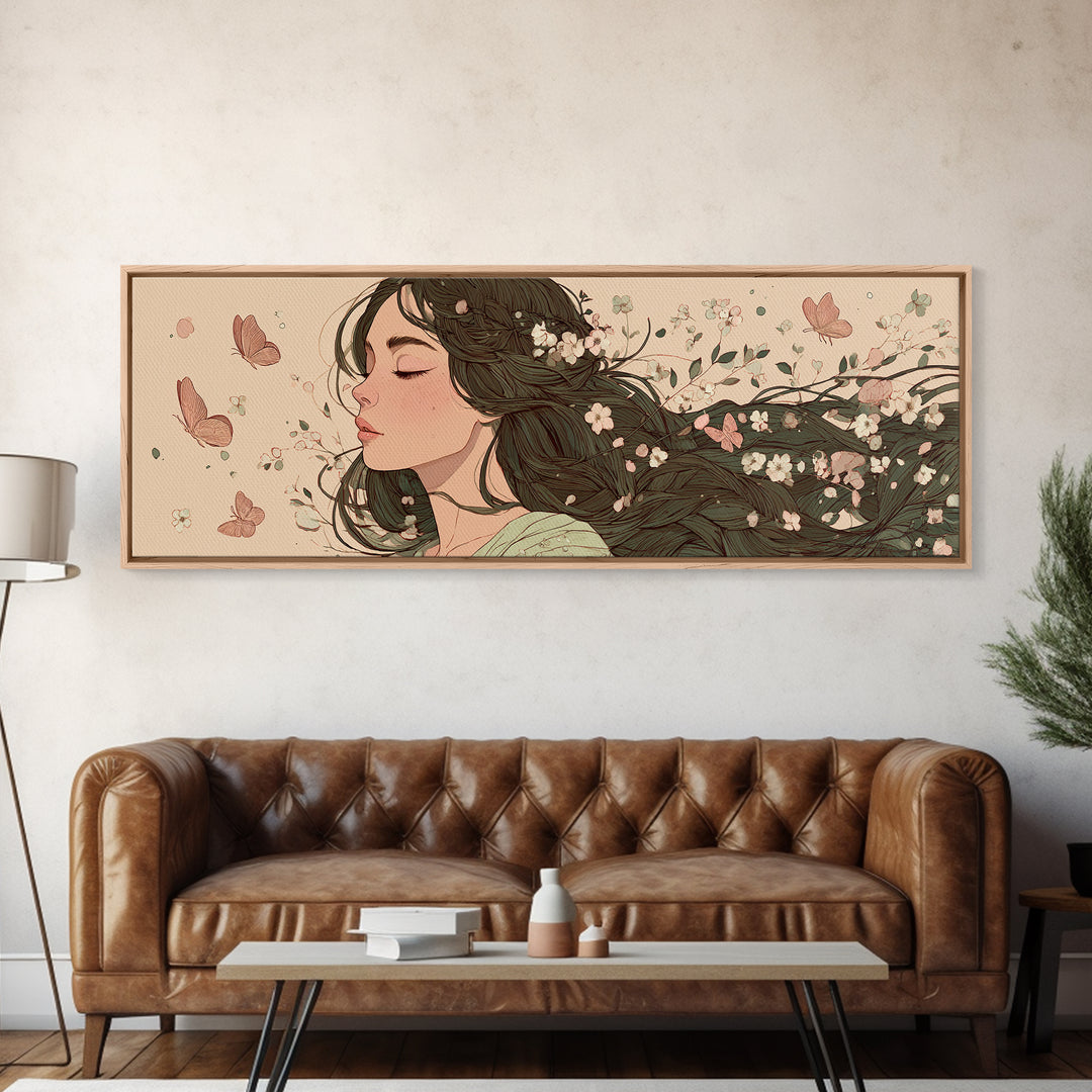 Dreamy Woman With Flowing Hair And Blossoms Canvas Print, Feminine Wall Art, Whimsical Botanical Bedroom Decor Gift For Her