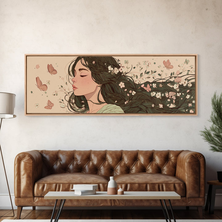 Dreamy Woman With Flowing Hair And Blossoms Canvas Print, Feminine Wall Art, Whimsical Botanical Bedroom Decor Gift For Her