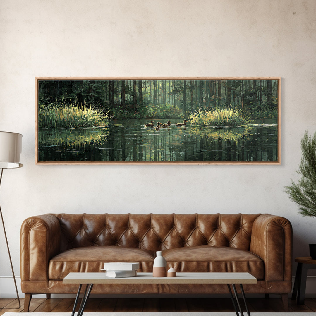 Quiet Forest Pond With Ducks Framed Canvas Print, Nature Wall Art, Rustic Cabin Decor, Green Landscape For Living Room Decor