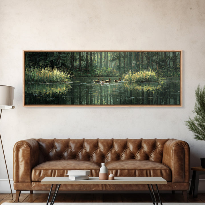 Quiet Forest Pond With Ducks Framed Canvas Print, Nature Wall Art, Rustic Cabin Decor, Green Landscape For Living Room Decor