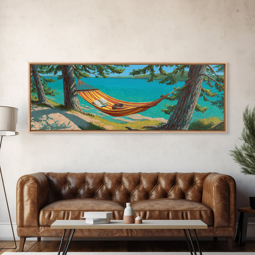 Lakeside Hammock Between Pine Trees Canvas Print, Relaxing Cabin Wall Art, Lake House Decor, Rustic Nature Gift For Living Room Wall Decor