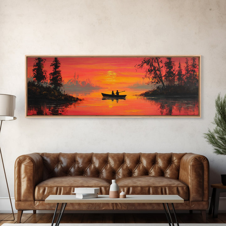 Orange Sunset Canoe Lake Wall Art, Romantic Nature Painting, Cabin Wall Art, Rustic Home Decor, Living Room Landscape Print