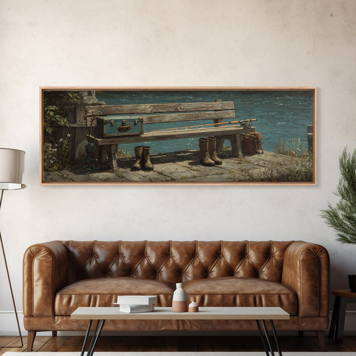 Weathered Lakeside Bench With Boots Canvas Print, Rustic Lake House Wall Art, Fishing Cabin Decor, Moody Landscape Gift For Him