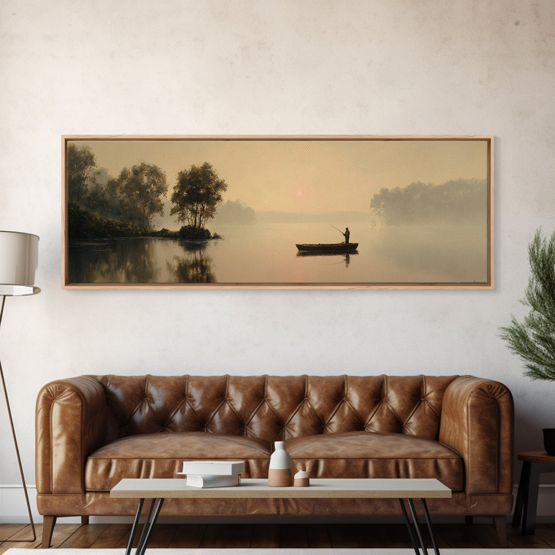 Misty Lake Fisherman Boat Wall Art, Serene Landscape Canvas Print, Neutral Nature Decor, Peaceful Living Room Art Housewarming Gift