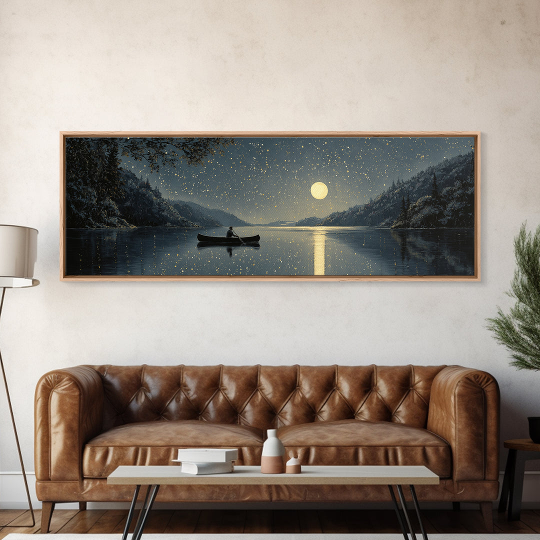 Moonlit Canoe On Snowy Lake Wall Art, Starry Night Landscape Canvas Print, Rustic Cabin Decor For Peaceful Home Living Room Wall Decor