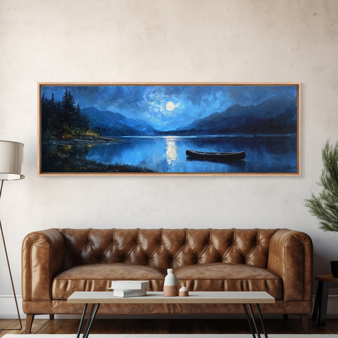 Moonlit Blue Lake Canoe Canvas Print, Moody Landscape Wall Art, Mountain Lake Decor, Cabin Wall Decor, Peaceful Nature Art