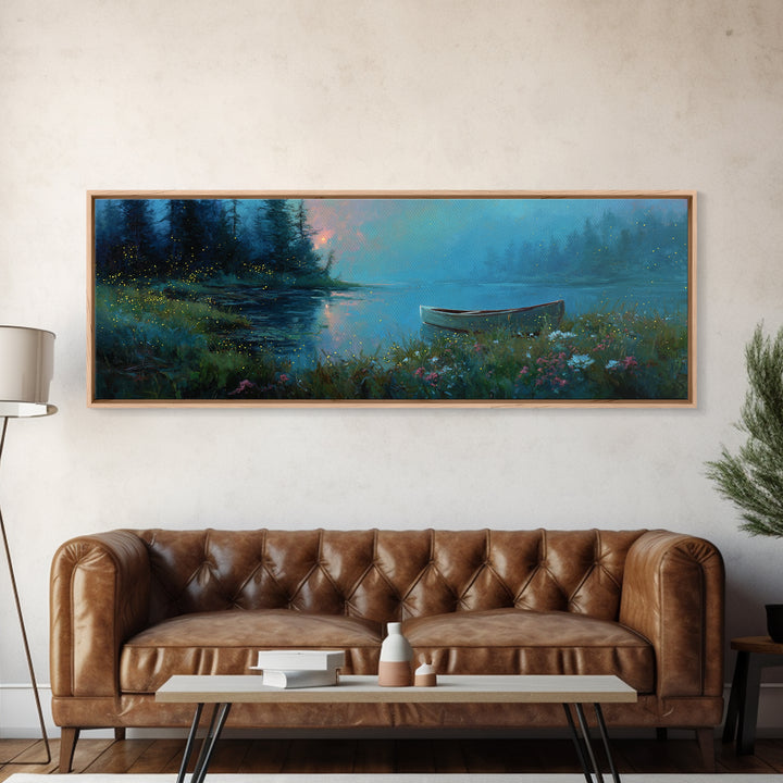 Twilight Canoe Lake Wall Art, Blue Forest Landscape Canvas Print, Wildflower Nature Decor, Cozy Cabin Living Room Gift For Her
