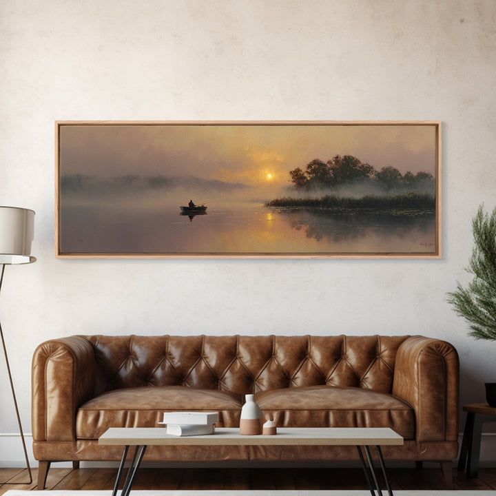 Misty Lake Sunrise With Rowboat Framed Canvas Print, Serene Marsh Landscape Wall Art, Rustic Nature Decor, Peaceful Art