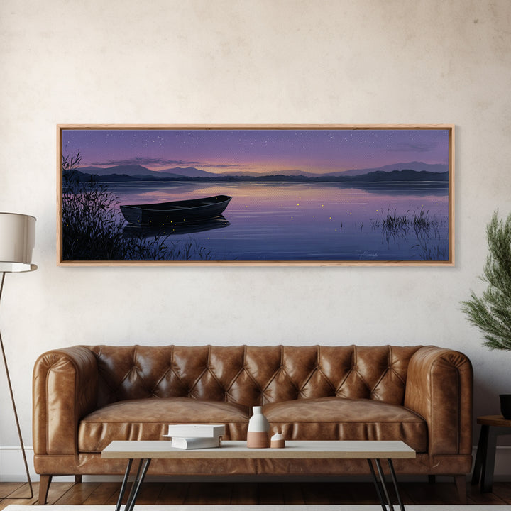 Twilight Lake Boat Framed Canvas Print, Starry Purple Mountain Landscape, Peaceful Cabin Wall Art For Cozy Bedroom Decor