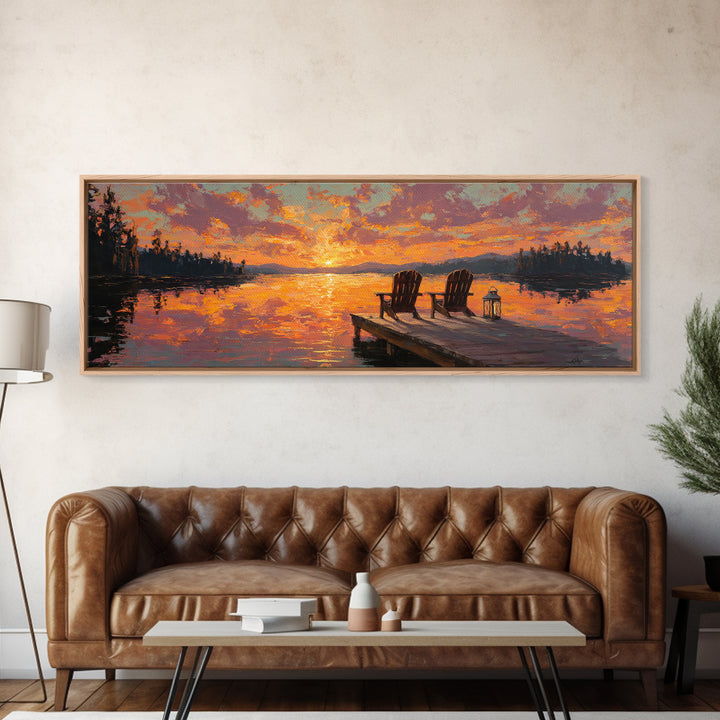 Sunset Lake Dock Chairs Wall Art, Panoramic Cabin Decor, Rustic Lake House Canvas Print, Above Bed Living Room Decor Gift