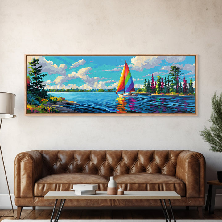 Rainbow Sailboat On Blue Lake Canvas Print, Colorful Wall Art, Coastal Decor, Nautical Poster, Lake House Living Room Art