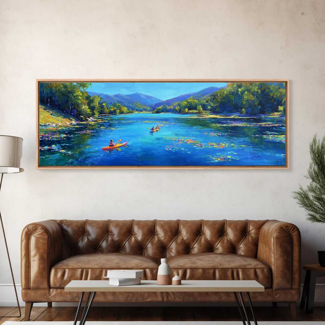 Kayakers On Blue Mountain River Wall Art, Panoramic Landscape Canvas Print, Nature Wall Decor, Living Room Art, Large Horizontal Home Decor