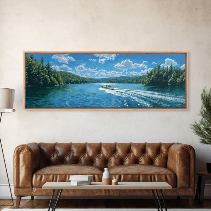 Pine Forest Lake Wall Art, Speedboat Wake Landscape Canvas Print, Lake House Decor, Nature Wall Decor, Large Wall Art Prints