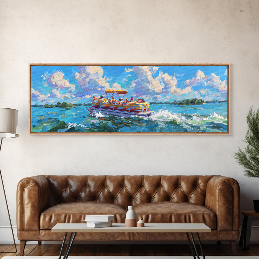 Colorful Pontoon Boat Lake Canvas Print, Coastal Wall Art, Summer Beach Decor, Nautical Landscape, Large Living Room Art