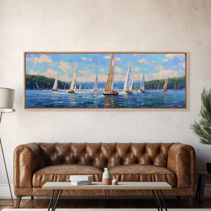 Impressionist Sailboat Regatta Canvas Print, Lake Seascape Wall Art, Nautical Coastal Decor For Living Room And Lake House Decor