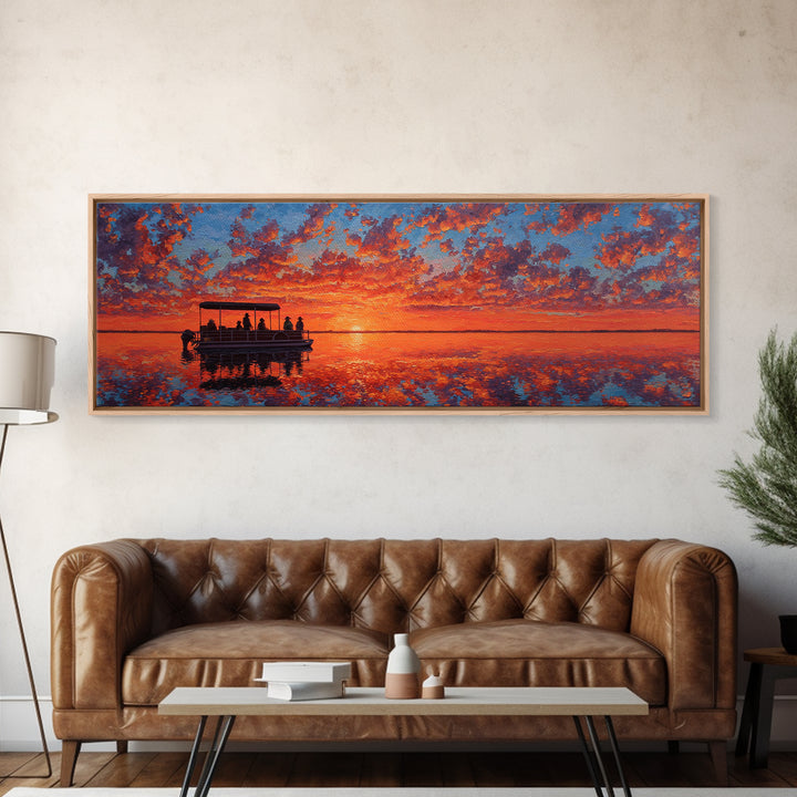 Pontoon Boat On Fiery Sunset Lake Wall Art, Orange Seascape Canvas Print, Nature Decor, Large Landscape Art, Gift For Her