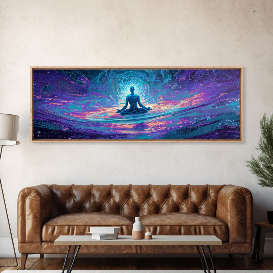 Meditating Figure Cosmic Water Wall Art, Spiritual Celestial Canvas Print, Psychedelic Zen Decor For Yoga Studio Or Meditation Room