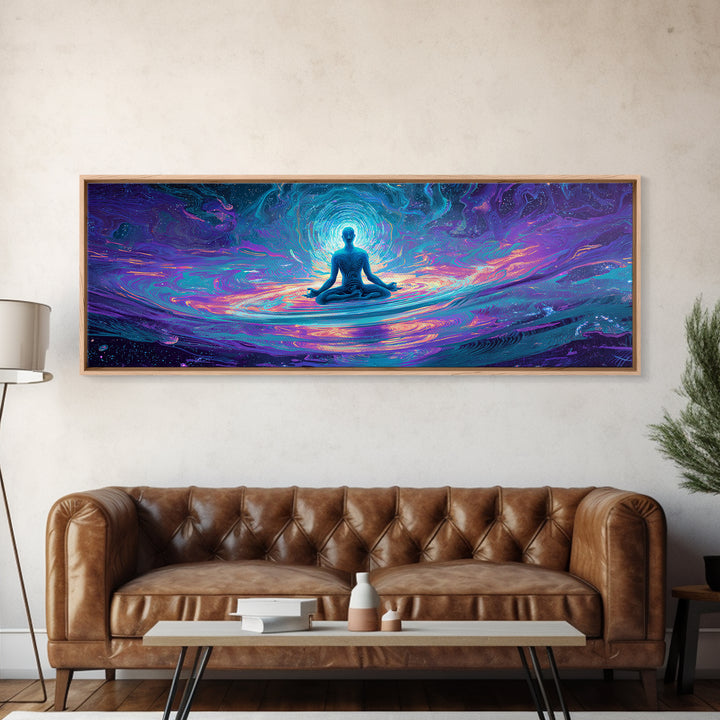 Meditating Figure Cosmic Water Wall Art, Spiritual Celestial Canvas Print, Psychedelic Zen Decor For Yoga Studio Or Meditation Room