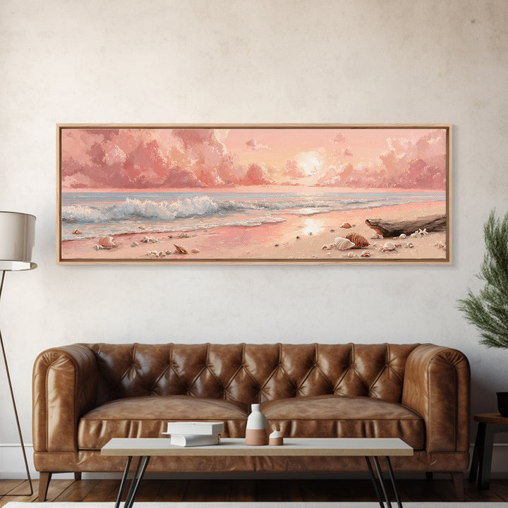 Blush Pink Seashell Beach Sunset Wall Art, Pastel Shore Painting, Coastal Ocean Canvas Decor, Beach House Nursery Decor Gift