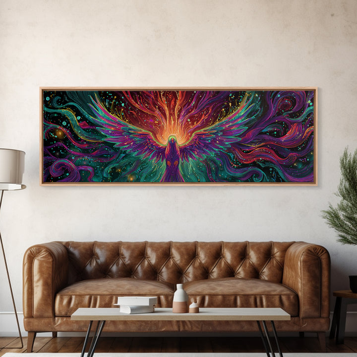 Fiery Rainbow Phoenix Canvas Print, Colorful Fantasy Bird Wall Art, Mythical Creature Decor, Magical Living Room Art, Unique Gift