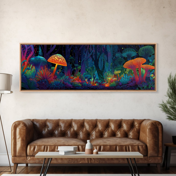 Glowing Mushroom Forest With Neon Woodland Canvas Print, Psychedelic Wall Art For Kids Room Decor And Whimsical Home Decor