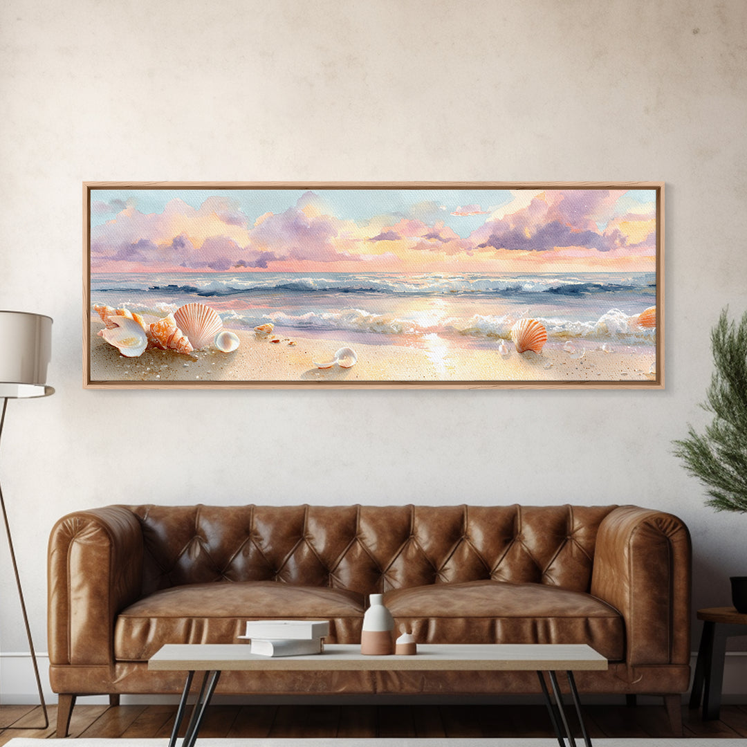 Pastel Seashell Beach Canvas Print, Soft Ocean Wave Shore Painting, Coastal Wall Art, Beach House Bathroom Home Decor Gift