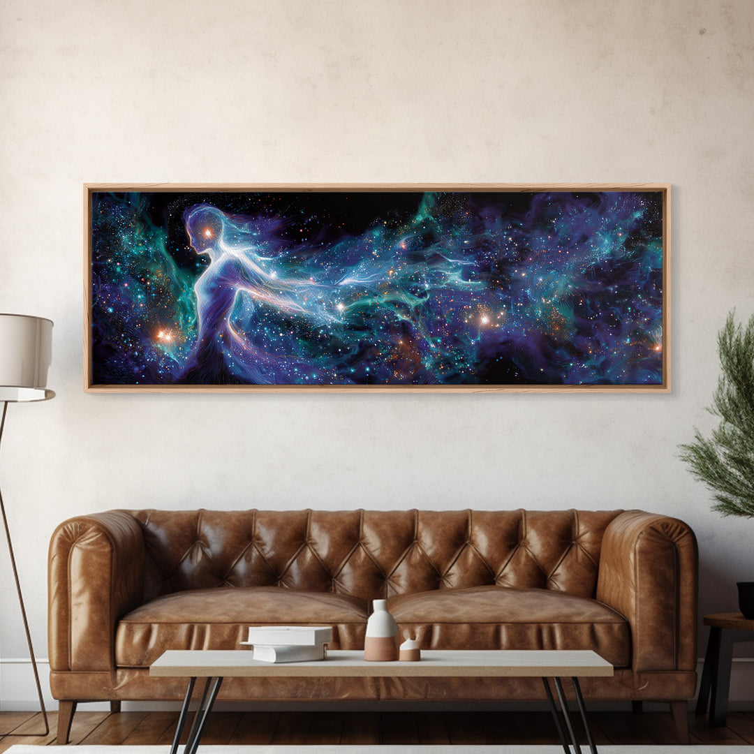 Cosmic Goddess Figure Drifting Through Stars Framed Canvas Print, Celestial Wall Art For Meditation Room Decor And Spiritual Gift