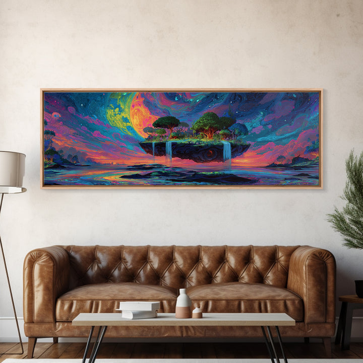 Floating Island Waterfalls Canvas Print, Crescent Moon Fantasy Seascape, Celestial Wall Art For Bedroom Or Living Room Decor