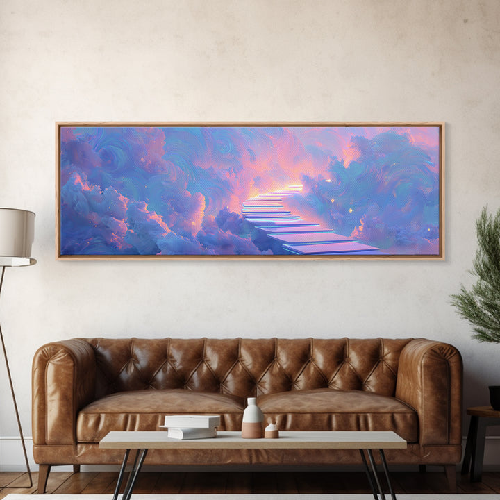 Pastel Stairway To Heaven Framed Canvas Print, Dreamy Cloudscape Wall Art, Fantasy Celestial Bedroom Decor, Gift For Her