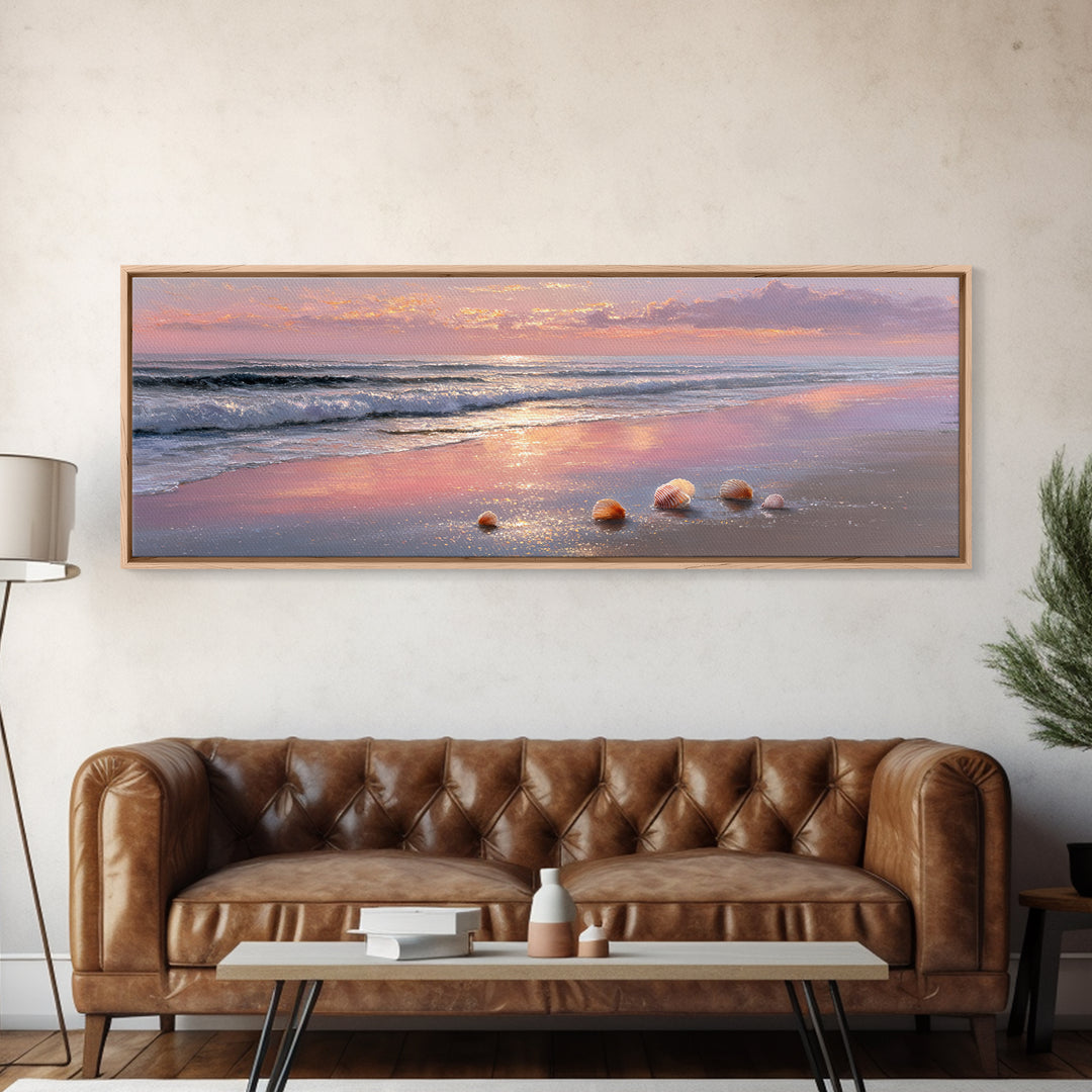 Sunset Ocean Shells Framed Canvas Print, Shimmering Beach Seascape, Coastal Wall Art For Bedroom And Beach House Decor Gift