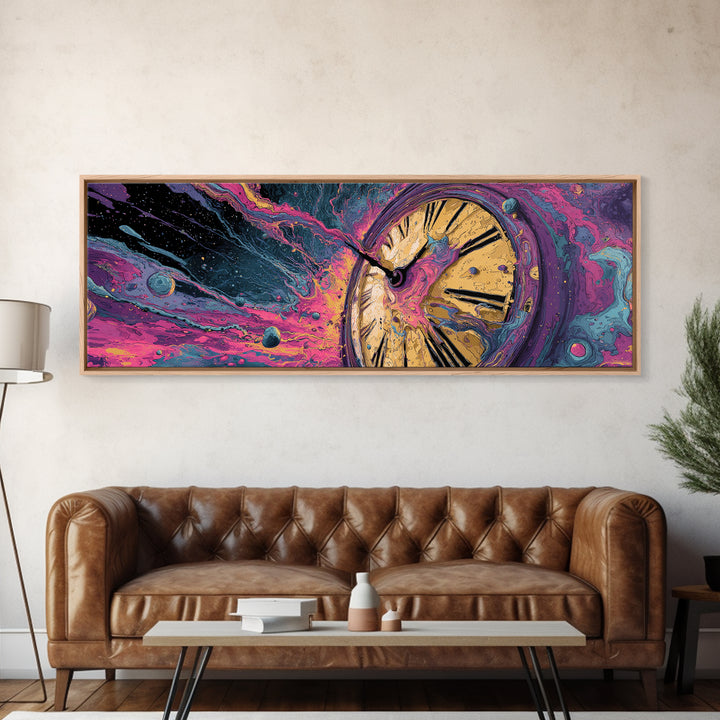 Melting Clock In Cosmic Space Wall Art, Surreal Time Travel Canvas, Psychedelic Galaxy Decor, Modern Abstract Art Print, Unique Gift