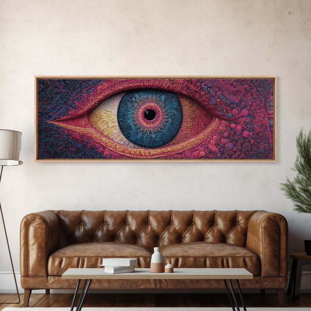 Psychedelic Blue Eye With Magenta Texture Wall Art, Surreal Canvas Print For Trippy Room Decor And Modern Statement Artwork