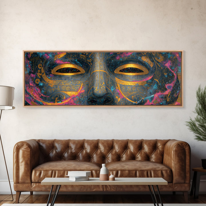 Ornate Cosmic Golden Mask Wall Art, Egyptian Mystical Face, Celestial Decor, Luxury Home Decor, Statement Artwork Gift For Her