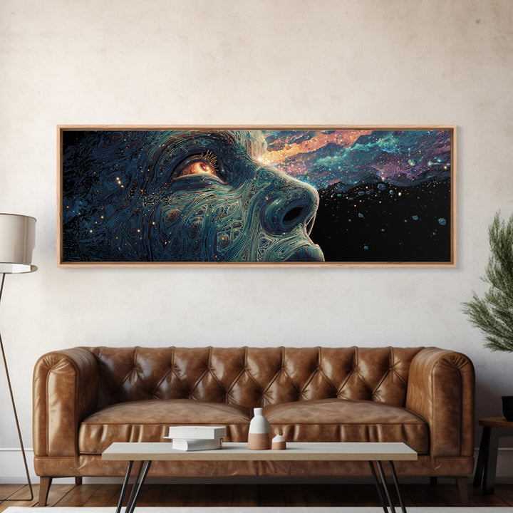 Cosmic Wolf Portrait With Galaxy Eye Wall Art, Large Panoramic Psychedelic Animal Canvas, Space Decor, Celestial Gift For Him